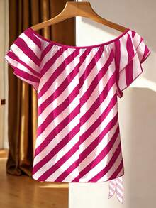 SHEIN Franclia Plus Size French Style Off Shoulder Ruffle Trim Striped Blouse - Hot Pink - View 2