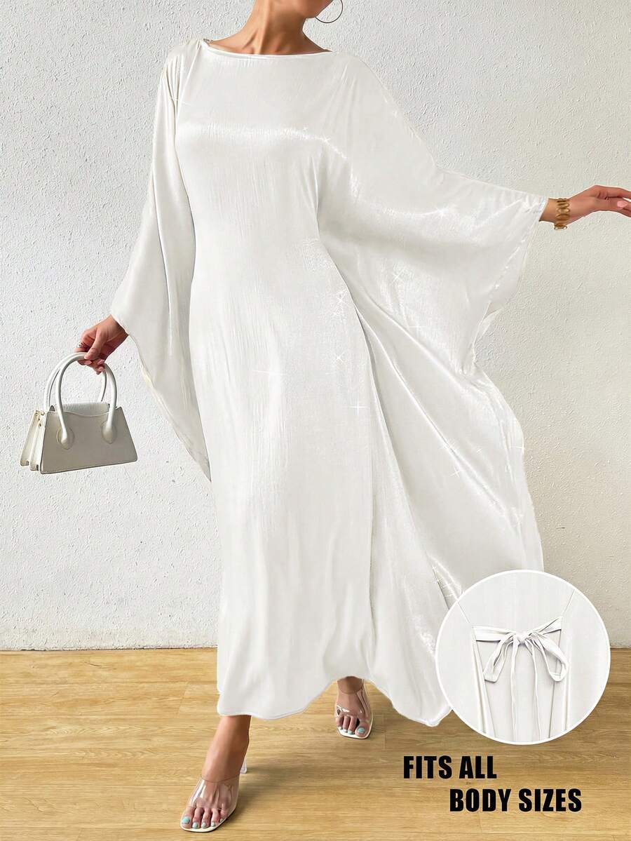 Rafferiza Abito lungo casual e comodo da donna con scollo rotondo, maniche a pipistrello e colore tinta unita, adatto per vacanze e abbinamenti - Bianco - Visualizzare 1