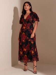 SHEIN BAE Plus Size Women Purple Floral Ruffle Sleeve Dress - Multicolor - View 5