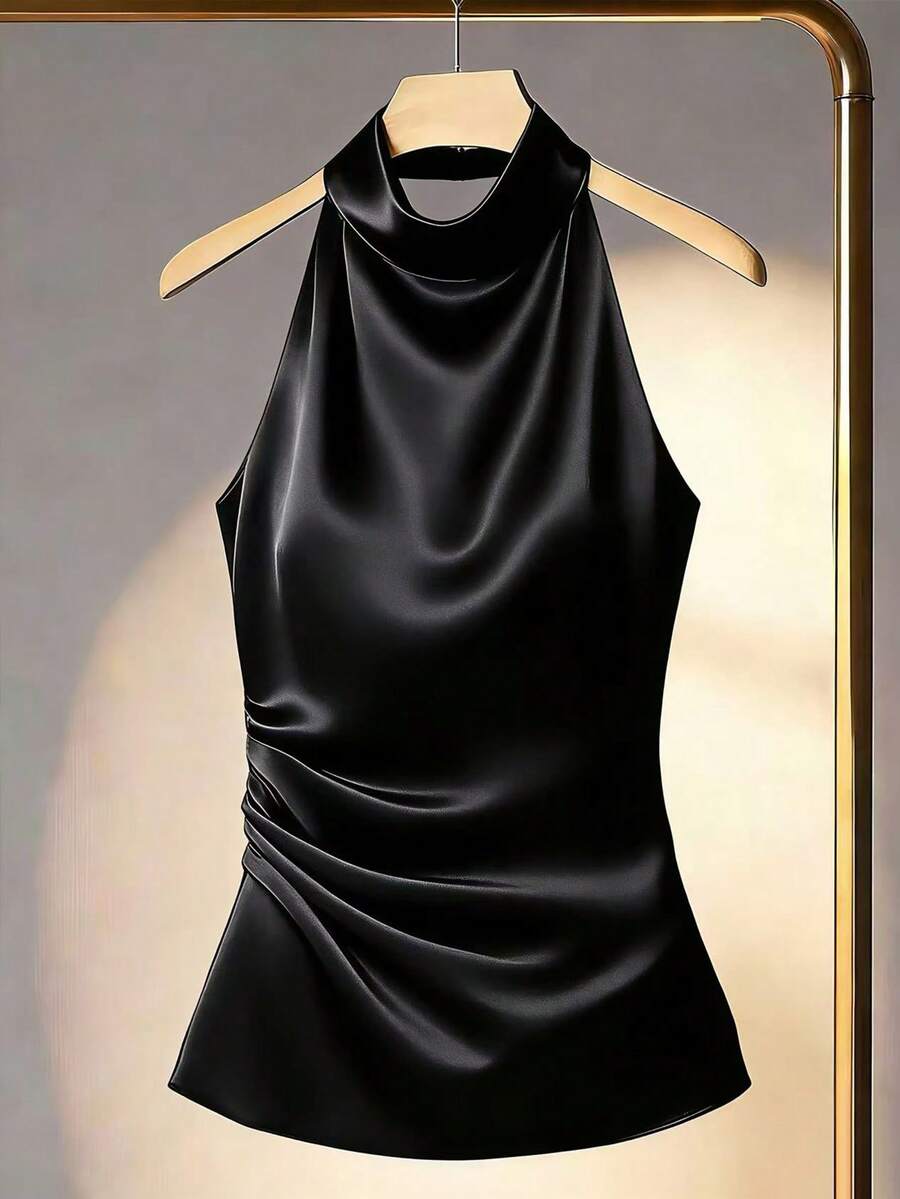 Franclia Women's Solid Color Halter Neck Drape Elegant Fitted Blouse, Summer - Black - View 1