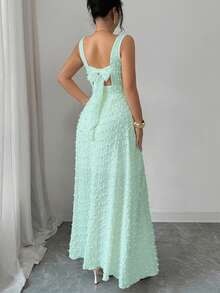 Elenzga Đầm dệt kim không tay cổ vuông mới, thiết kế hở lưng thắt nơ, đầm dự tiệc thanh lịch ôm dáng. - Màu xanh Bạc hà - Xem 2