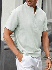Manfinity CasualCool Men Dual-Color Chiffon Casual Stand Collar Short Sleeve Shirt, Formal - Gray green - View 3