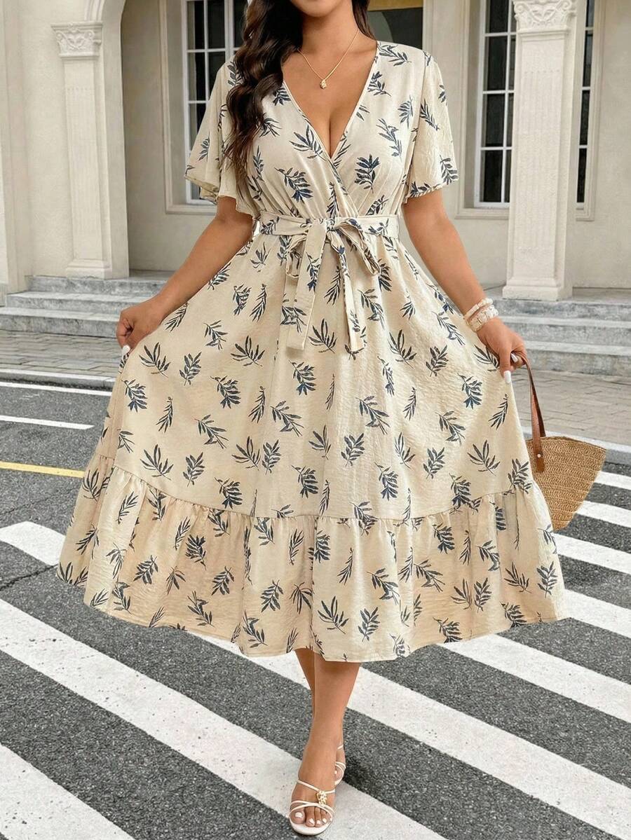 Easura Vestido con estampado floral y volantes en el bajo para tallas grandes - Albaricoque - Ver 1