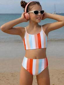 Tween Girls Striped Bikini Sets, Casual Polyester Triangle Swimsuit For Summer Vacation, Beach, Holiday - Orange - View 5