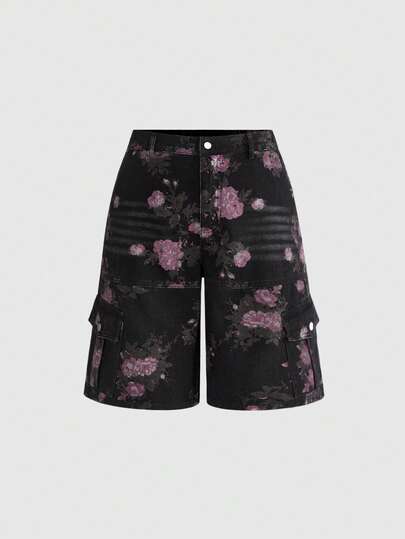 ROMWE Grunge Punk Pantalones cortos de mezclilla lavados con estampado floral vintage de talla grande con múltiples bolsillos