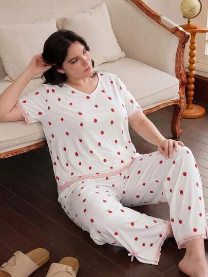 SHEIN 女士V领草莓印花加大码针织蕾丝拼接短袖睡衣套装