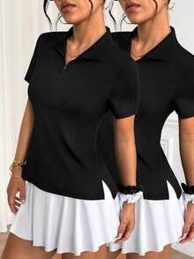 Velisys Áo polo thể thao nữ màu trơn, cài khóa kéo, xẻ tà - màu đen - Xem 1