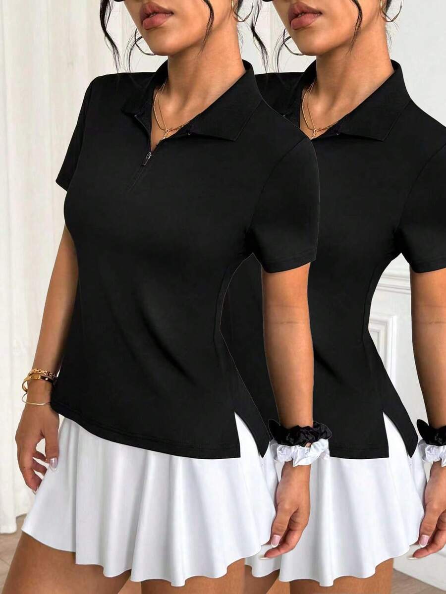 Velisys Áo polo thể thao nữ màu trơn, cài khóa kéo, xẻ tà - màu đen - Xem 1