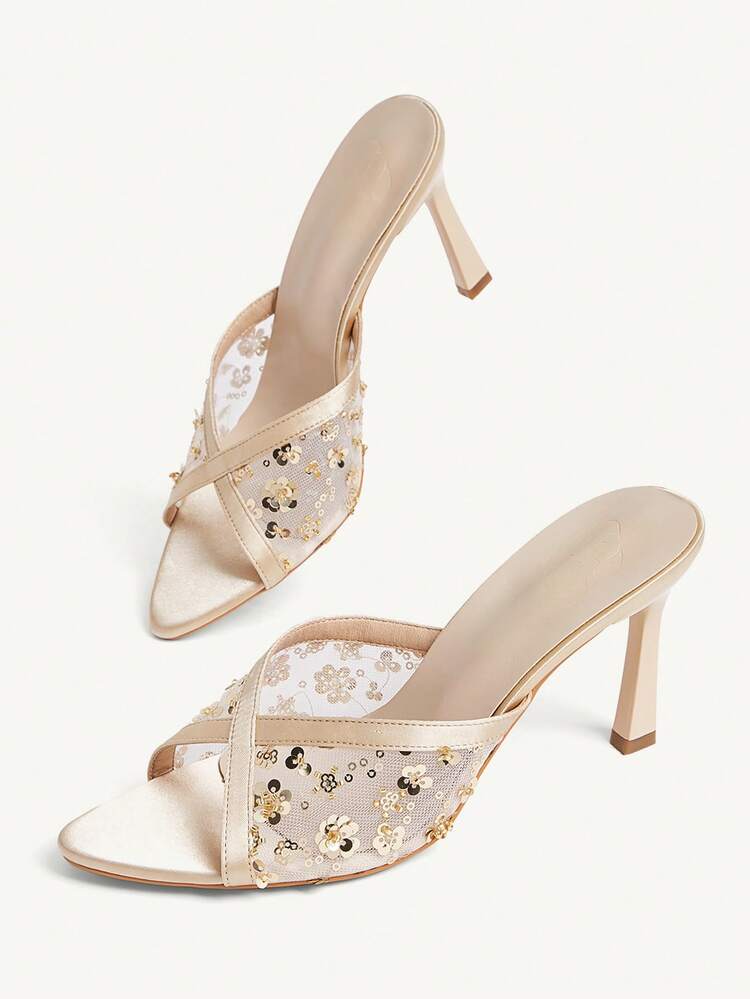 CUCCOO CHICEST Women Shoes Spring And Summer New Apricot Lace Mesh Beads Women's High Heel Sandals Fashion Comfortable Versatile Sexy Party Elegant Banquet Women's Sandals Fish Mouth Sandals High Heel Slippers Women's Shoes