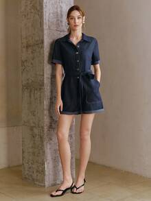 Anewsta Women's Elegant Navy Blue Summer Casual Jumpsuit, Short Sleeve Shirt Collar, Metal Buckle, Adjustable Cinched Waist, Dual Pockets, Mother's Day Vacation Wear - Navy Blue - View 5
