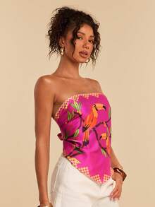 Travachic 热带印花系带露背抹胸度假上衣 - 玫紅色 - 查看 6
