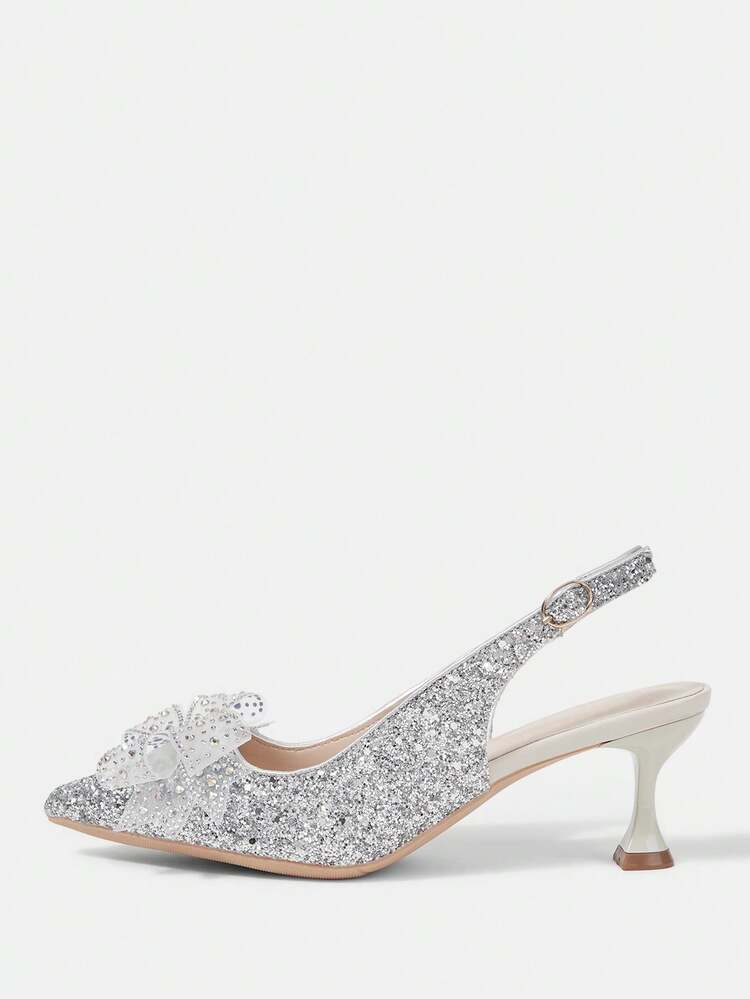 CUCCOO HITCHD Women'shoes Spring And Summer New Hot Diamond Bow Stiletto High Heel Romantic Elegant Silver Glitter PU Upper With Bow Women's High Heel Shoes Dress Shoes Bridal Shoes Wedding Season Party Valentine's Day Elegant Wear
