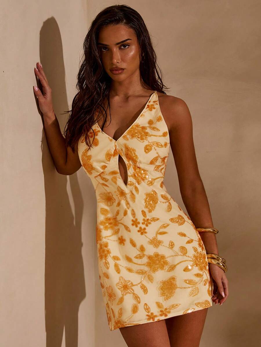 Glamine Đầm nữ màu vàng tươi đính sequin, kiểu buộc dây sau lưng, hở lưng, thích hợp cho mùa xuân/hè. - Màu vàng ngỗng - Xem 1