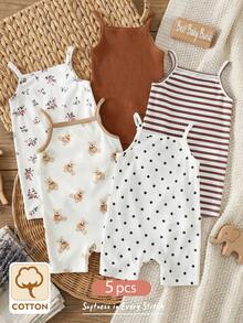 Cozy Pixies 5件套女婴幼儿可爱卡通针织纯色、波点、花卉、小熊印花吊带连体衣套装 - 彩色 - 查看 3