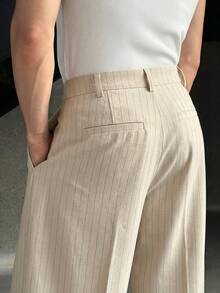 NEON BLANC Plus Size Men's Grey Vertical Striped Woven Wide Leg Pants - Apricot - View 5