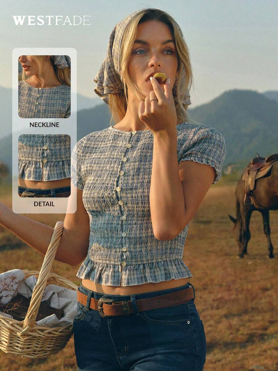 WESTFADE 刺绣格子圆领纽扣短袖褶皱露脐上衣及配套头巾 - 藍色 - 查看 1