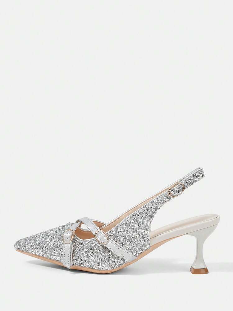 CUCCOO HITCHD Women'shoes Spring And Summer New Stiletto High Heel Romantic Elegant Silver Glitter PU Women's High Heel Shoes Dress Shoes Bridal Shoes Wedding Season Party Valentine's Day Elegant Wear