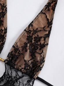 Swim SXY Conjunto de traje de baño de 3 piezas con parte superior de bikini halter sin espalda con encaje y cuentas, Bottom fruncida y falda de encaje, un conjunto de traje de baño sexy y atrevido de vanguardia para mujeres, adecuado para primavera, vuelta al colegio, festival de música, vacaciones, San Valentín, Año Nuevo, Día de la Madre, Día Internacional de la Mujer, salida familiar - Negro - Ver 6