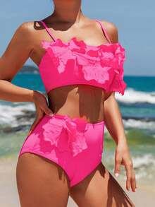 Swim Vcay 女款夏季海灘熱粉色純色3D花朵裝飾比基尼套裝 夏季兩件式花朵比基尼套裝 女士海灘穿搭 2件組 - 玫紅色 - 查看 3