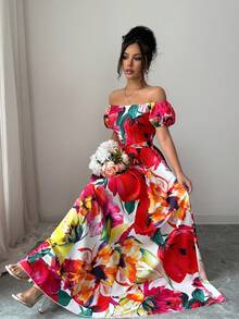 SHEIN Elenzya Off-Shoulder Floral Maxi Elegant Dress - Multicolor - View 7