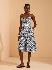 JIAN LASALA All-Over Printed Knit Overlapped Jumpsuit Women Summer Vacation Beach Holiday Vacation Navy And White Tropical - Black and White - View 3