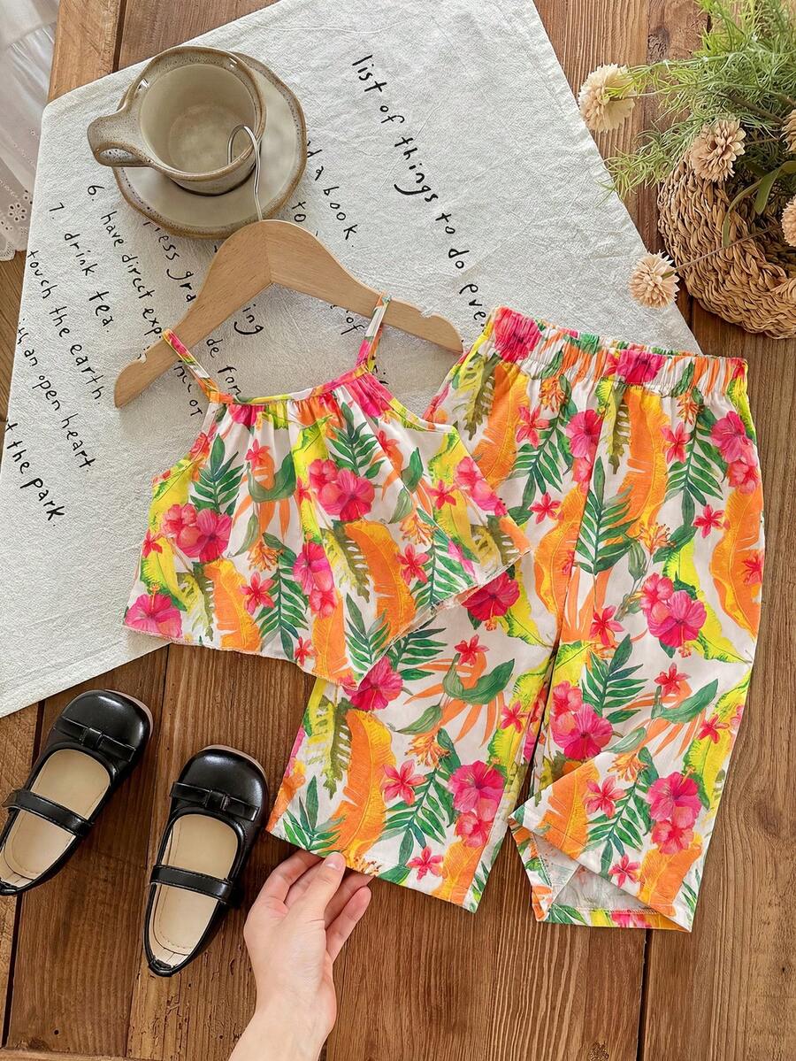 SHEIN LMoss Kids 2件套女婴碎花吊带背心和裤子套装 - 彩色 - 查看 1