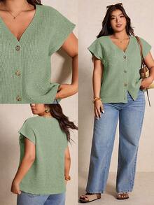 Elaquor Plus Size Elegant French Casual Embroidered Minimalist Metal Button Cardigan, Versatile Knit Vest Top For Commute, Spring/Summer Lightweight Sweater For Women - Green - View 3