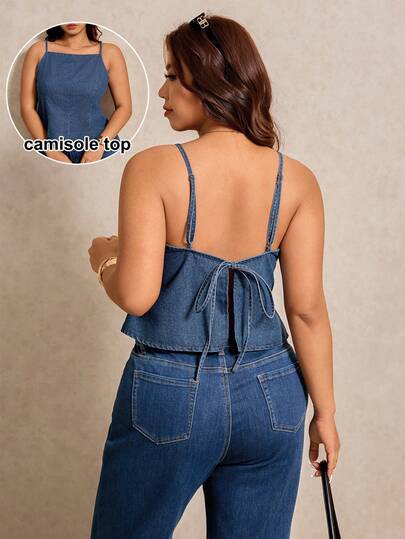 Elaquor Áo hai dây denim dáng rộng, buộc dây sau lưng, phong cách thường ngày, cỡ lớn, mùa hè.