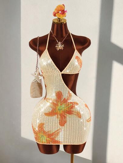 Amplova Crochet Fabric Asymmetric Floral Decor Bodycon Mini Dress