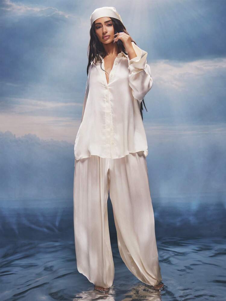 KIZN Women's High Waisted Wide Leg Crinkle Satin Parachute Pants Casual Loose Fit Baggy Drawstring Waistband Palazzo Style Trousers For Spring Summer