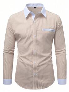 Calvornis Men's Casual Everyday & Workwear Colorblock Striped Print Long Sleeve Shirt, Spring & Autumn - Multicolor - View 3