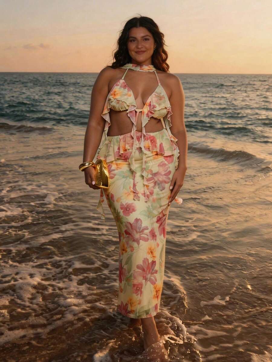 SHEIN BAE 大码女式多色印花优雅浪漫沙滩度假连衣裙