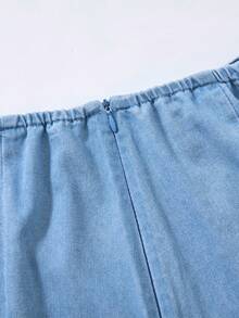 SHEIN MOD 女士休闲时尚侧褶牛仔短裙 - 淺色水洗藍 - 查看 3