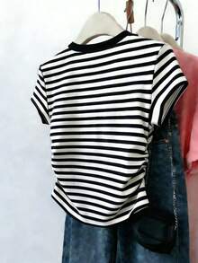 Tween Girls Classic Black And White Striped Round Neck Side Ruched Fitted Short Sleeve T-Shirt,Casual Summer School Back To School Essential Tee - White - View 2