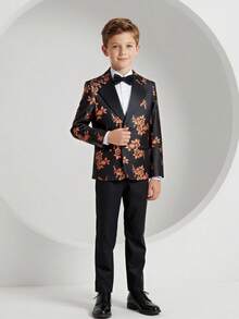 SHEIN Tween Boy Gentleman 2 Pieces Set: Jacquard Satin Collar Jacket + Trousers, Formal Outfit For Birthday Party, Wedding, Graduation, Anniversary - Black - View 2