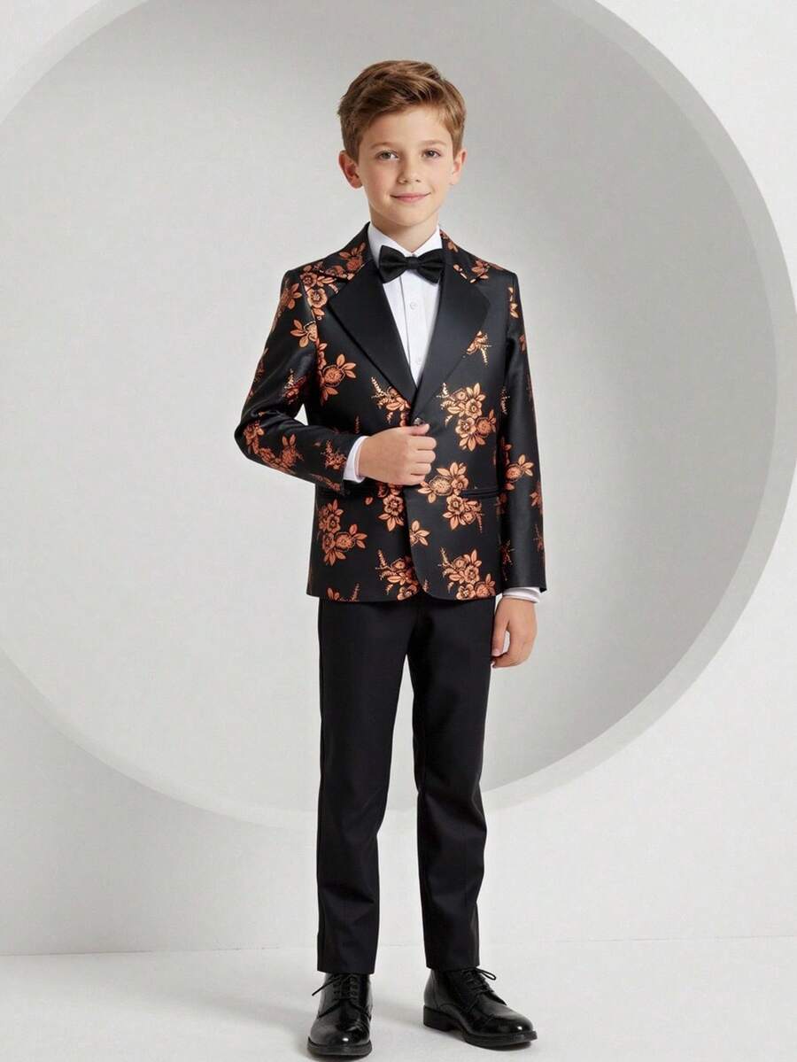 SHEIN Tween Boy Gentleman 2 Pieces Set: Jacquard Satin Collar Jacket + Trousers, Formal Outfit For Birthday Party, Wedding, Graduation, Anniversary