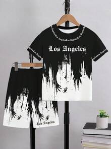 男童春夏休闲时尚创意个性化清新高端简约洛杉矶渐变黑白图案字母标语印花休闲基础款短袖T恤和短裤套装，舒适日常穿着，温暖夏日风格，适合春夏男童 - 彩色 - 查看 7