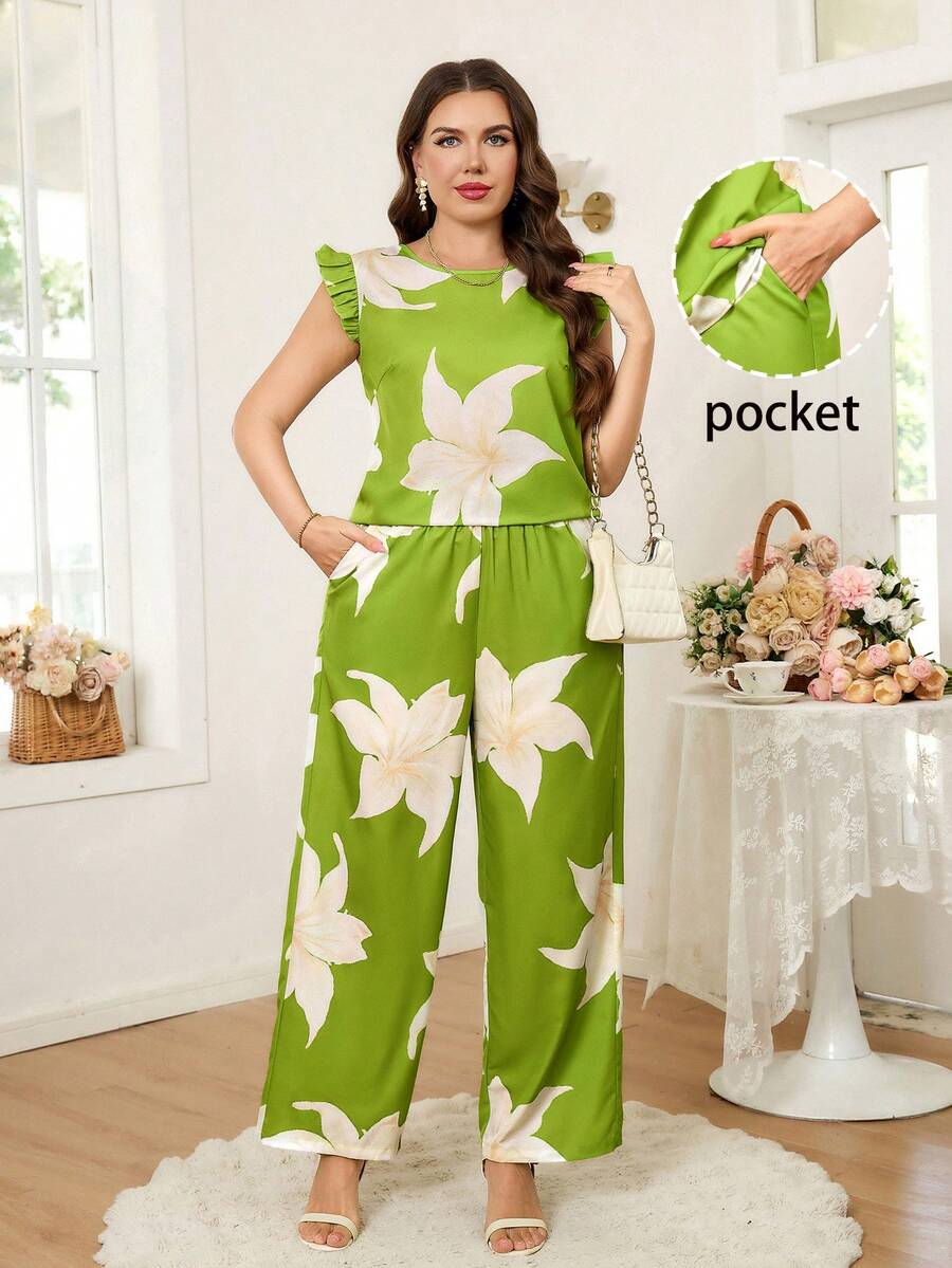 Reflora Bộ đồ 2 mảnh dành cho nữ mùa xuân/hè: áo sơ mi tay ngắn màu kaki và quần ống rộng cạp chun, trang phục thường ngày thanh lịch cho người có thân hình mũm mĩm. - xanh quân đội - Xem 1