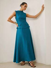 ZEYLAH 无袖亚麻连衣裙，立领设计，优雅纯色夏季连衣裙 - 水鴨藍 - 查看 8