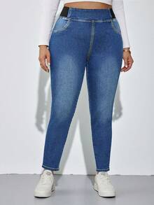 SHEIN Tall CURVE 大码秋季返校季万圣节Y2K可爱街头风哥特摇滚科技风生日派对夜店出行商务休闲女装乡村复古保守老钱商务休闲女装工作教师女装教堂女装纯色休闲蓝色牛仔裤松紧腰牛仔裤高弹牛仔裤 - 中等水洗藍 - 查看 5