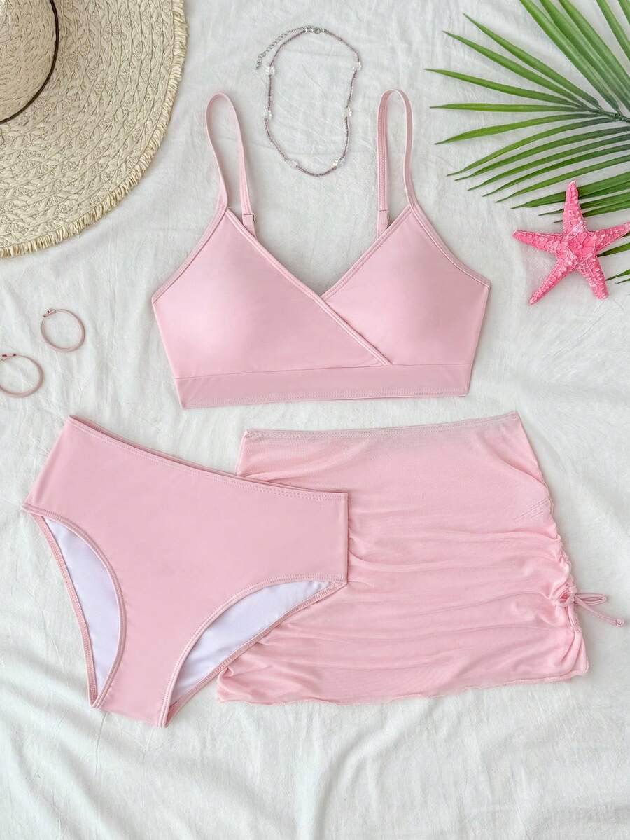 SHEIN Set Baju Renang Polos untuk Liburan Pantai untuk Remaja Putri dengan Rok Penutup - Berwarna merah muda - View 1