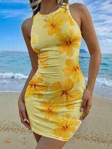SHEIN EZwear 休闲简约黄色碎花圆领无袖中长连衣裙，修身夏季迷你裙，女士 - 彩色 - 查看 5