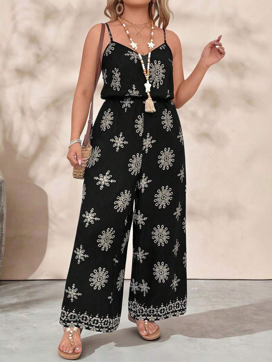 SHEIN Large-Sized Woven Printed Vacation, Casual And Fashionable Summer Jumpsuits - Black - View 1