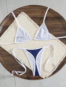 Bonvoyette Summer Vacation Sexy Contrast Color Halter Backless Bikini Set - Navy Blue - View 5