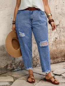 Mature Denim Quần jeans skinny rách gấu dành cho nữ cỡ lớn, kiểu dáng thường ngày, đi làm, đi nghỉ mát, không kèm thắt lưng. - Màu xanh lam - Xem 3