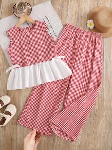 SHEIN 2pcs/Set Tween Girls Sleeveless Shirt With Bow Buttons & Plaid Patchwork + Long Pants, Spring/Summer - Red - View 3