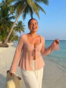 Dazy Plus Mesh Flare Sleeve Tie Front Vacation Style Plus Size Women Top, Spring/Summer - Baby Pink - View 1