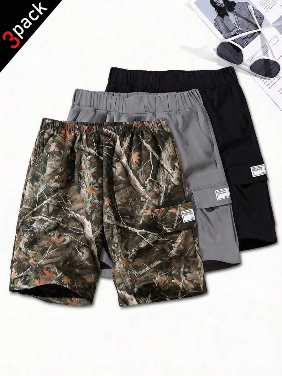 SHEIN 3 Pc Tween Boy Loose Casual Woven Grey Summmer Hiking Workwear Shorts Set,Solid Color Sports Simple Basic Versatile Multi-Color Multi Piece Set - Grey - View 1
