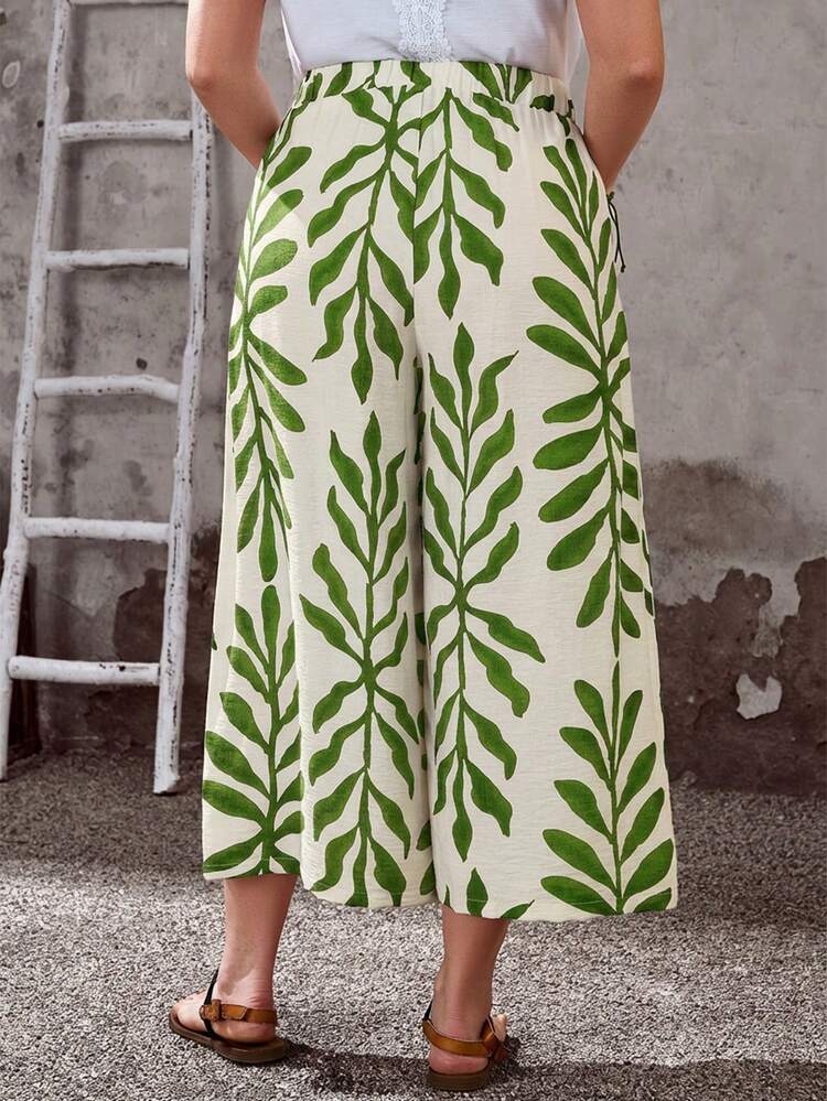 Plus Size Women Leaf Print Casual Versatile Wide Leg Pants For Daily Wear,Plus Size Women's Summer Casual Vacation Country Plant Print Floral Print Pocket Wide Leg Loose Capri Pants/Summer,Summer Holiday,Spring Break, Vacation Women, Holiday For Women,Going Out,2026 New,Simple And Fashionable For Everyday Wear,Suitable For Summer, Vacation, Commute, Daily Wear, Wide Leg Summer Pants, Women Wide Leg Pants, Boho Pants For Women, Pants Women,Beach For Women, Wide Pants For Women, Green Print Pants,Gifts For Mother