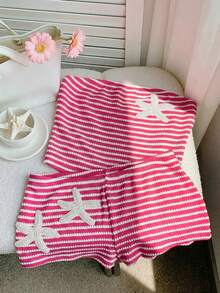 Comfortcana 女士条纹3D海星印花抹胸上衣和短裤休闲日常穿搭 - 玫紅色 - 查看 7